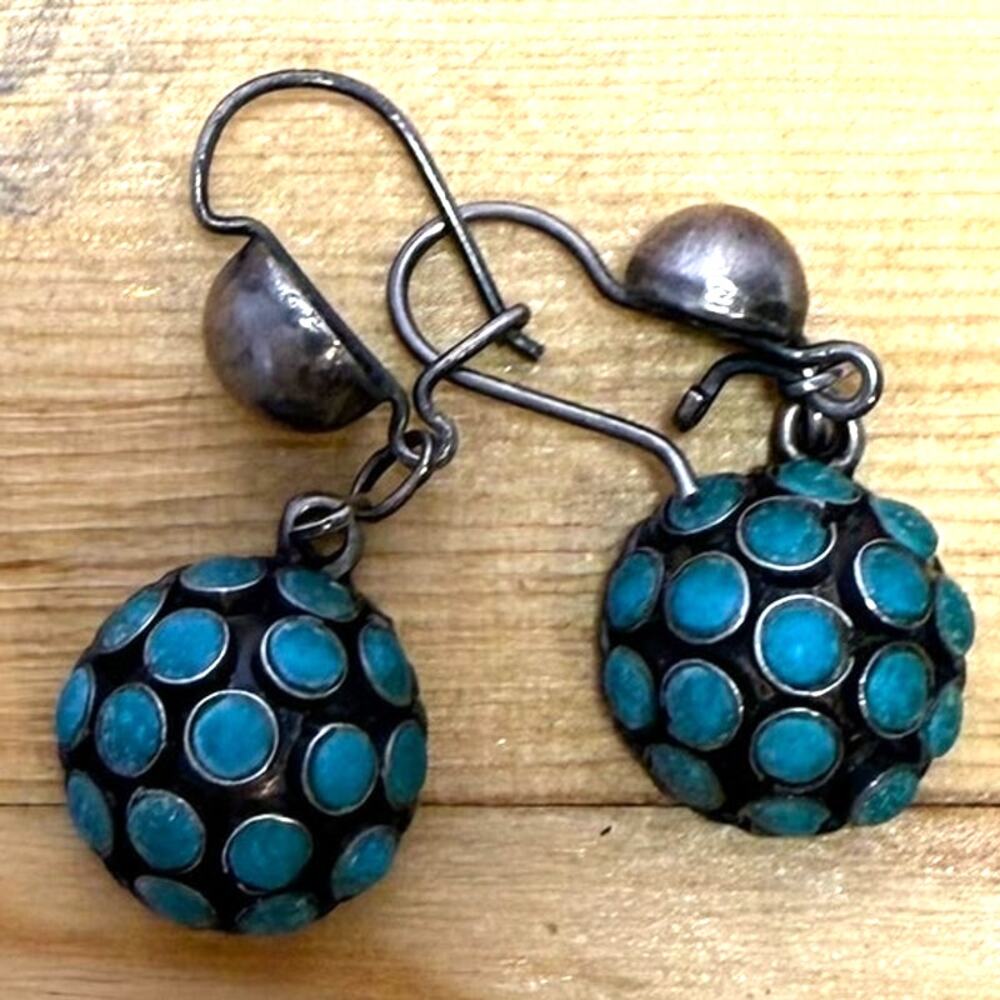 Taxco Mexico TC-155 925 Sterling Silver Turquoise Inlay Dangle Earrings - Picture 2 of 4